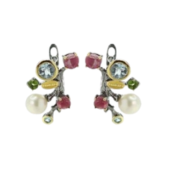 [V4451 Garden of Babylon] V4451,  Earrings Silver 925,  Fresh Water Pearl,  Aquamarine,  Peridot,  Ruby,  Gold&Black plated,  Hand Made