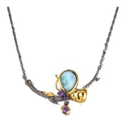 [N4770 Garden of Babylon] N4770, Necklace Silver 925,  Larimar,  Amethyst,  IPGold,  IPBlack,  Hand Made