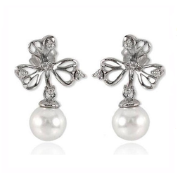 [V3357 Pearl Collection] V3357, Earrings Silver 925,   Rhodium Plated,   CZ & Shell Pearl,   Pearl Collection