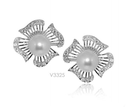 [V3325 Pearl Collection] V3325, Earrings Silver,  925,   Rhodium Plated,   Shell Pearl & CZ,   Pearl Collection