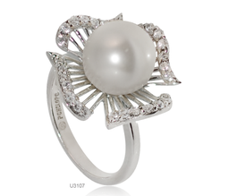 [U3107 Pearl Collection] U3107, Ring Silver,  925,   Rhodium Plated,   Shell Pearl & CZ,   Pearl Collection