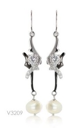 [V3209 Pearl Collection] V3209, Earrings Silver,  925,   White Zircone,   Fresh water Pearl,   Pearl Collection