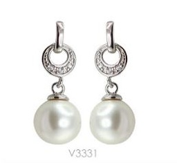 [V3331 Pearl Collection] V3331, Earrings Silver 925,  Rhodium Plated,   CZ & Shell Pear,   Pearl Collection