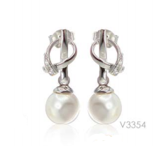 [V3354 Pearl Collection] V3354, Earrings Silver 925,   Rhodium Plated,   CZ & Shell Pearl,   Pearl Collection