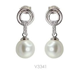[V3341 Pearl Collection] V3341, Earrings Silver 925,   Rhodium Plated,   CZ & Shell Pearl,   Pearl Collection