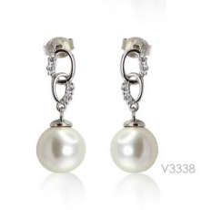 [V3338 Pearl Collection] V3338, Earrings Silver 925,   Rhodium Plated,   CZ & Shell Pearl,   Pearl Collection