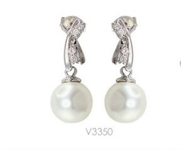[V3350 Pearl Collection] V3350, Earrings Silver 925,   Rhodium Plated,   CZ & Shell Pearl,   Pearl Collection