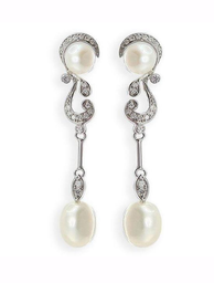 [V3448 Pearl Collection] V3448,  Earrings Silver, 925,  CZ & Fres Rhodium Plated,  Silver 92,  Pearl Collection