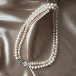 [PN032 Pearl Collection] PN032 Two Layer, White, Fresh Water Pearl Necklace Size 7-9 mm,  Silver Claps