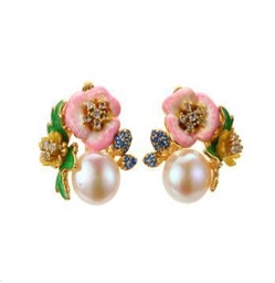 [V6045 Eden] V6045,Eternal Blooms Earrings, Silver 925,Shell, CZ, Enamel, Hand Made