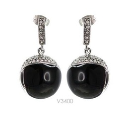 [V3400 Stainless Steel] V3400, Earrings S. Steel 316L,  Black Onyx & White Crystal