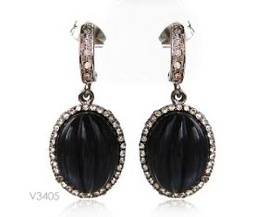 [V3405 Stainless Steel] V3405, Earrings S. Steel 316L,  Grey Cat Eye,  White Crystal